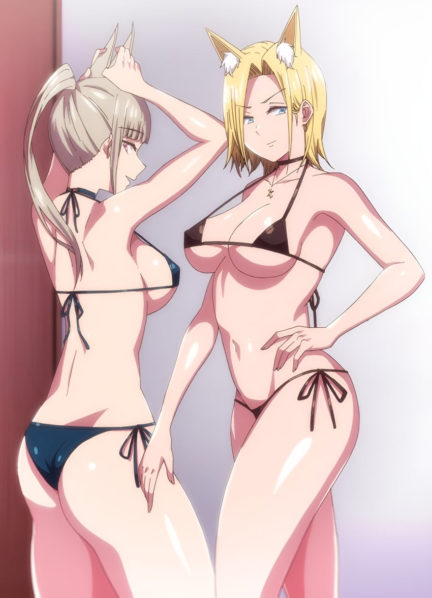 2girls animal_ears arms_above_head ass big_breasts bikini blonde_hair blue_eyes breasts bunnywalker busty cosplay fake_animal_ears female female_only hamazaki_reina hand_on_hip imaizumin-chi_wa_douyara_gal_no_tamariba_ni_natteru_rashii kurumizaka_ruri large_breasts navel nori_gorou pose posing purple_eyes screencap screenshot sensual smile t-rex_(animation_studio) thick_thighs thighs tummy