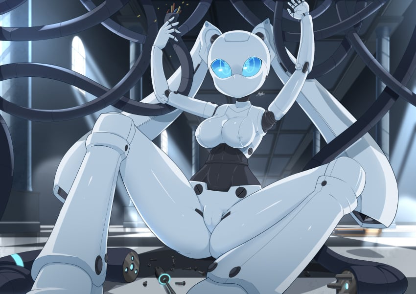 absurd_res aonoexorcist100 blue_eyes breasts disney drossel_von_flugel female fireball_(disney) fireball_(series) genitals hi_res humanoid machine mouthless not_furry pussy robot robot_girl robot_humanoid sitting solo spread_legs spreading twintails_(hairstyle)