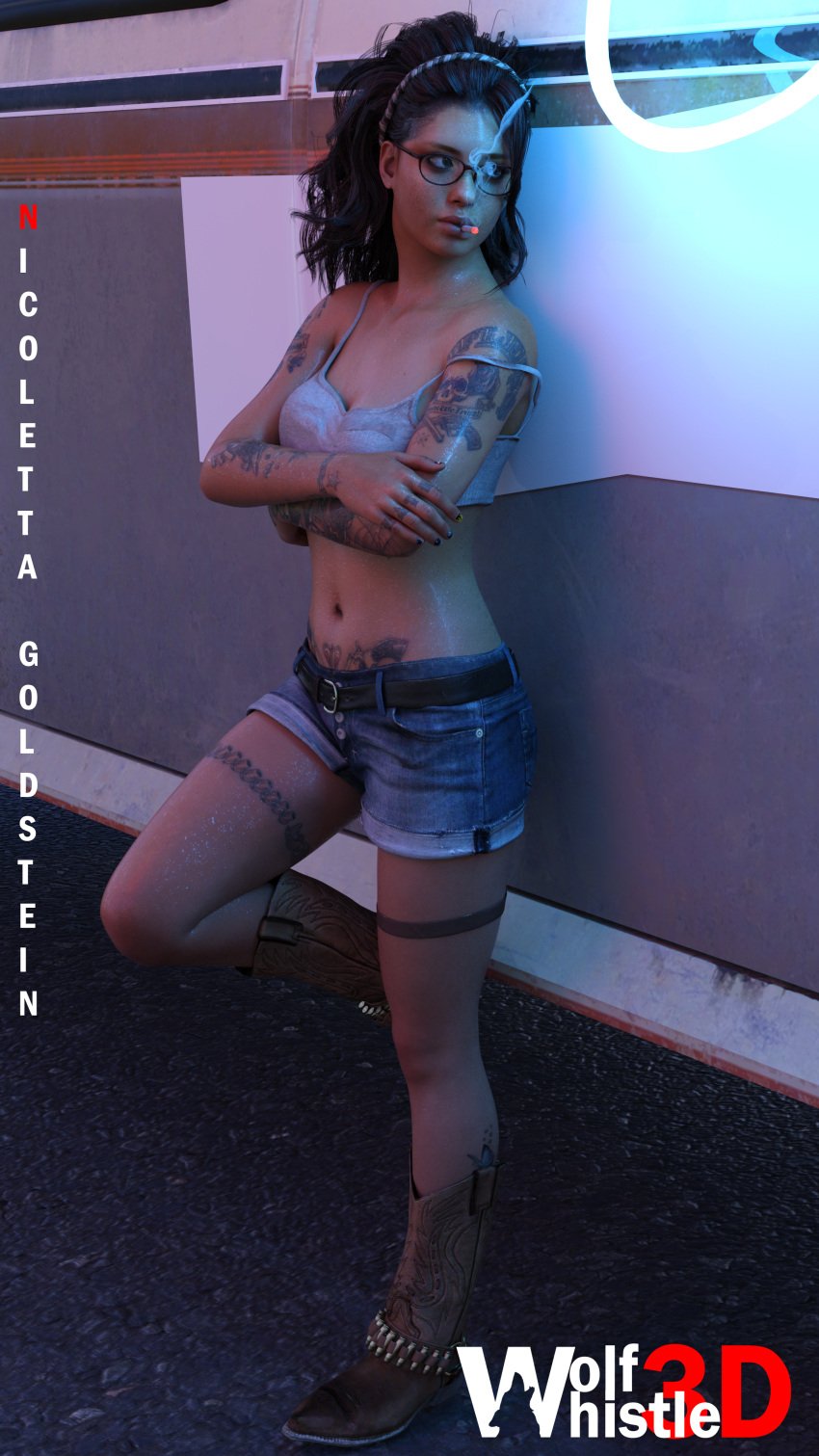 1girls 3d 3d_(artwork) black_hair cigarette cigarette_in_mouth cigarette_smoke devil_may_cry devil_may_cry_5 female female_only glasses neon_lights nicoletta_goldstein shorts shoulder_strap smoking solo tank_top tanned_skin tattoos van wolfwhistle3d