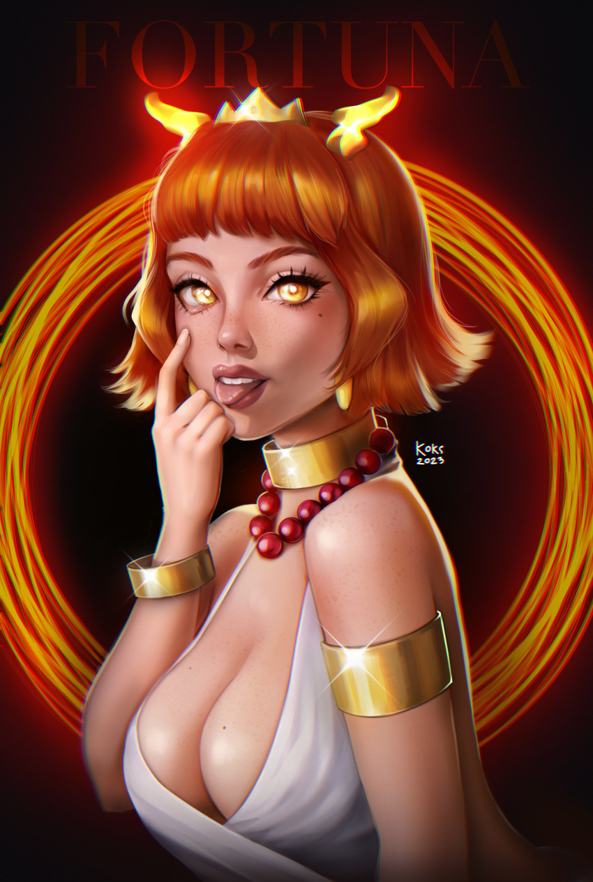 2023 2d 2d_(artwork) big_breasts birthmark birthmark_on_breasts bracelet cleavage color colored crown dark_background earrings freckles freckles_on_breasts freckles_on_face freckles_on_shoulders gold_jewelry hi_res koksdraw long_eyelashes looking_at_viewer necklace oksaa_koks orange_eyebrows orange_eyes orange_hair red_necklace side_view smug_face tongue_out white_clothing госпожа_удача деградач оксана_кокс