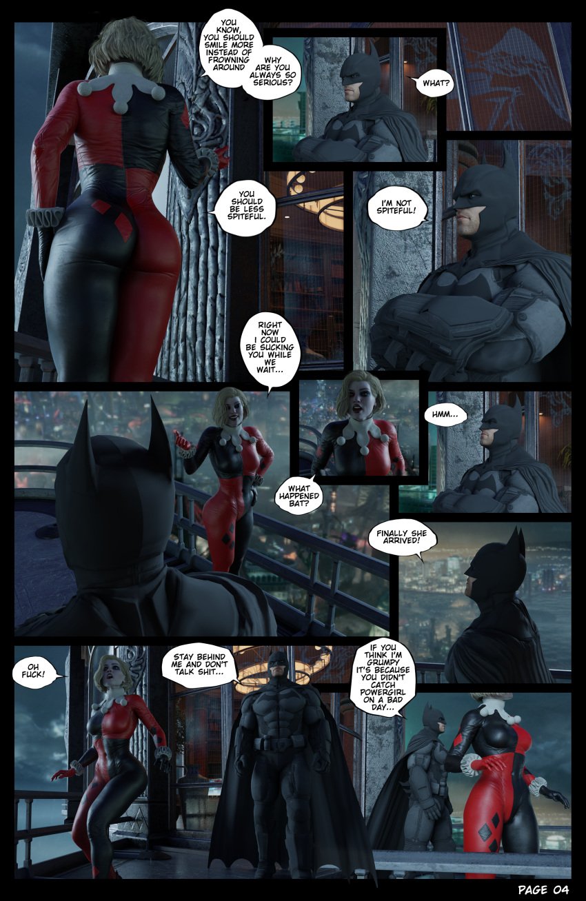 1boy 1girls 3d alternate_version_available batman batman:_arkham_knight batman:_arkham_origins batman_(series) big_ass big_breasts big_butt blender blonde_female blonde_hair blue_eyes comic comic_page dc dc_comics english english_text female fisherman fully_clothed harley_quinn harley_quinn_(classic) harley_quinn_(injustice) injustice_2 jester light-skinned_female light-skinned_male light_skin male page_4 short_hair speech_bubble watermark