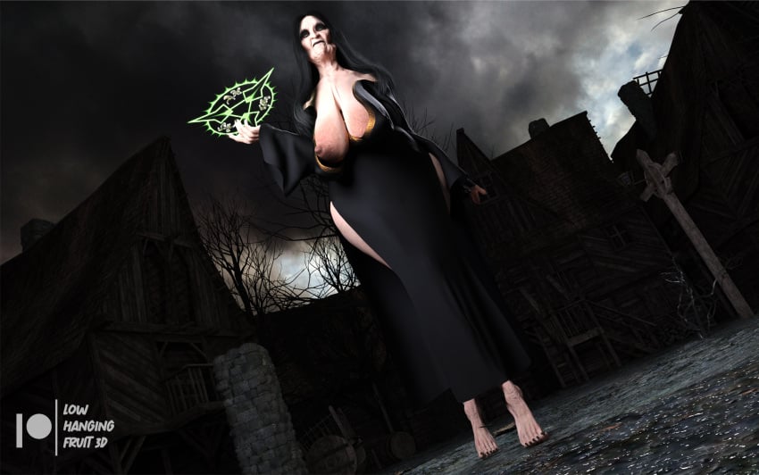 1girls 3d 3d_(artwork) areolae big_breasts black_hair black_lips black_lipstick black_toenails breasts daz3d daz_studio dress edna_church_(lhf3d) elderly_female feet gilf granny hag large_areolae large_breasts long_hair looking_at_viewer lowhangingfruit3d_(artist) magic mature mature_female nipple_slip old older_female original_character pale-skinned_female pale_skin sagging_breasts solo solo_female solo_focus thick_thighs thighs toe_claws toes ugly ugly_female ugly_woman witch