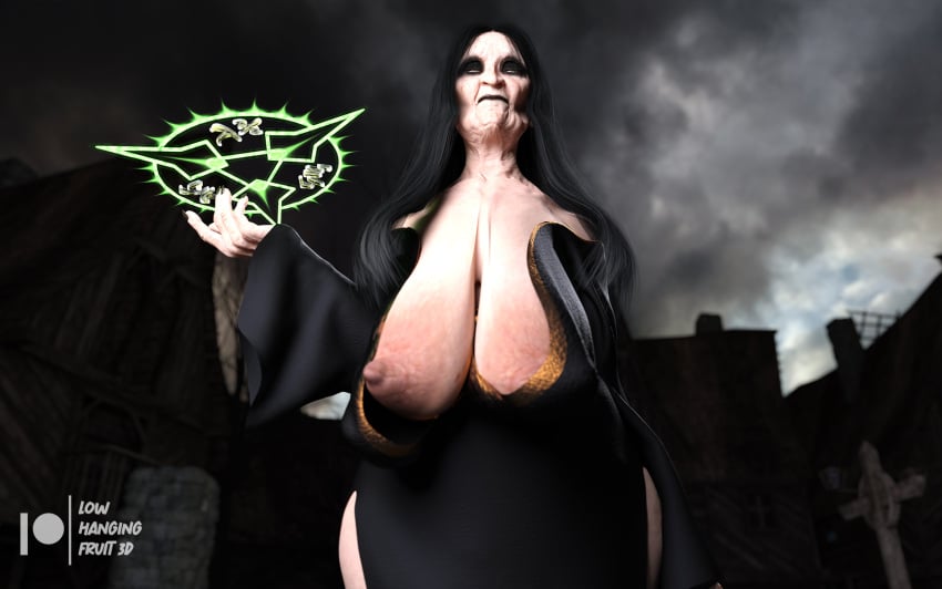 1girls 3d 3d_(artwork) areolae big_breasts black_hair black_lips black_lipstick black_toenails breasts daz3d daz_studio dress edna_church_(lhf3d) elderly_female feet gilf granny hag large_areolae large_breasts long_hair looking_at_viewer lowhangingfruit3d_(artist) magic mature mature_female nipple_slip old older_female original_character pale-skinned_female pale_skin sagging_breasts solo solo_female solo_focus thick_thighs thighs toe_claws toes ugly ugly_female ugly_woman witch