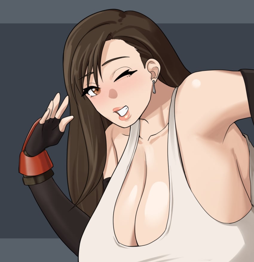 1girls armwear big_breasts breast_focus breasts brown_eyes brown_hair cleavage ear_piercing earrings female female_only final_fantasy final_fantasy_vii huge_breasts large_breasts lips muundae one_eye_closed smooth_skin solo solo_female square_enix tank_top tifa_lockhart white_tank_top wink