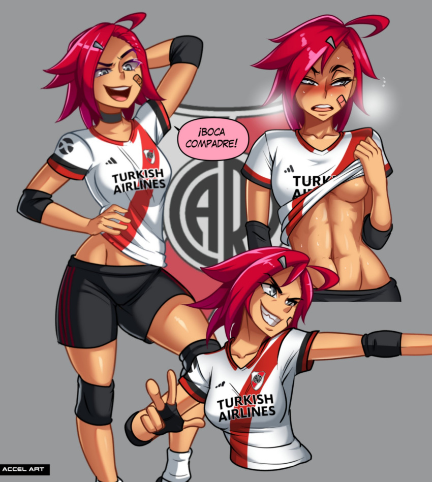 1girls abs accelart argentina athletic athletic_female bandaid football_uniform red_hair river_plate river_plate-chan_(accelart) small_breasts soccer soccer_uniform spandex_shorts sportswear world_cup