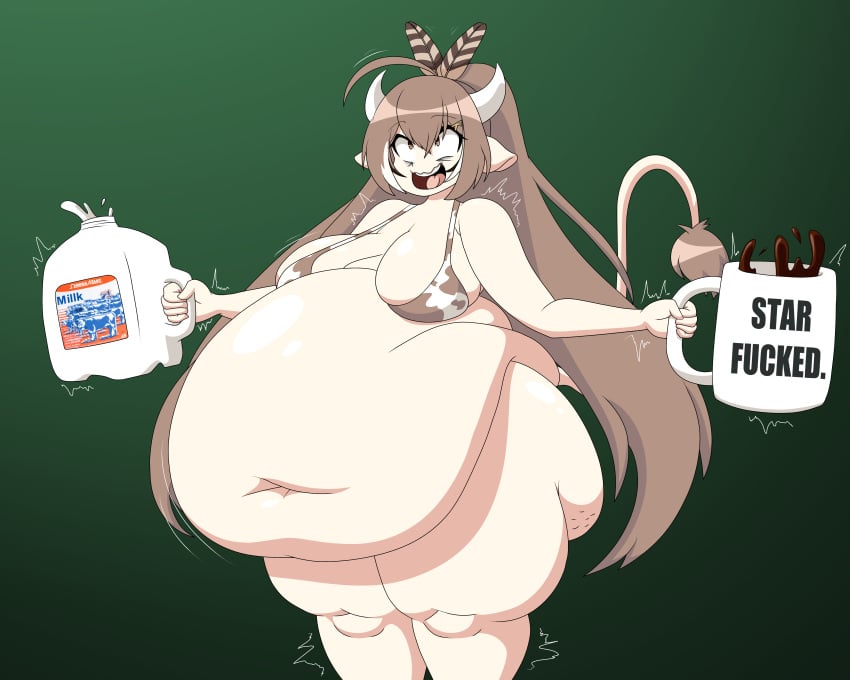 cellulite chubby chubby_female coffee coffee_mug cow_ears cow_print fat hololive hololive_english hololive_english_-council- hololive_english_-promise- hooligan_freak huge_belly milk milk_jug nanashi_mumei omega_mart oversized_object shaking virtual_youtuber weight_gain