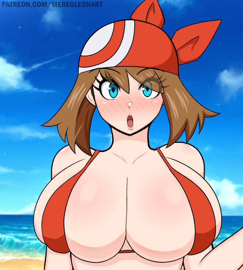 1girls ai_generated bandana beach bikini blue_eyes breasts brown_hair cleavage female huge_breasts light-skinned_female light_skin long_hair massive_breasts may_(pokemon) mereoleonart nintendo outdoors pokemon pokemon_rse