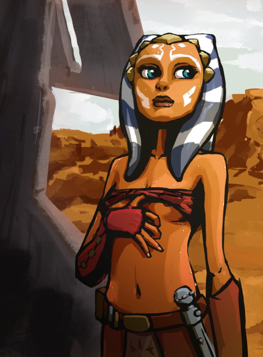 ahsoka_tano aqua_eyes belt cartoon_network energy_sword female flat_chest grey_sky highres lightsaber lips navel nipples red_belt sky solo standing star_wars star_wars:_the_clone_wars sword tentacle_hair the_clone_wars:_season_one togruta tourbillon weapon young