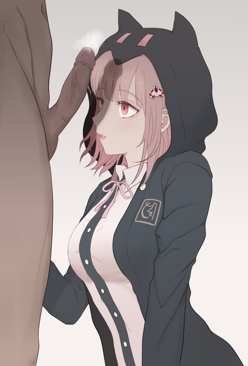 danganronpa danganronpa_2:_goodbye_despair dress_shirt ejaculation eyebrows_visible_through_hair facial female from_side gon_(congchuabuoito) hair_ornament highres hood hood_up jacket large_breasts looking_at_another nanami_chiaki neck_ribbon open_clothes open_jacket penis pink_ribbon ribbon shirt straight_hair white_shirt