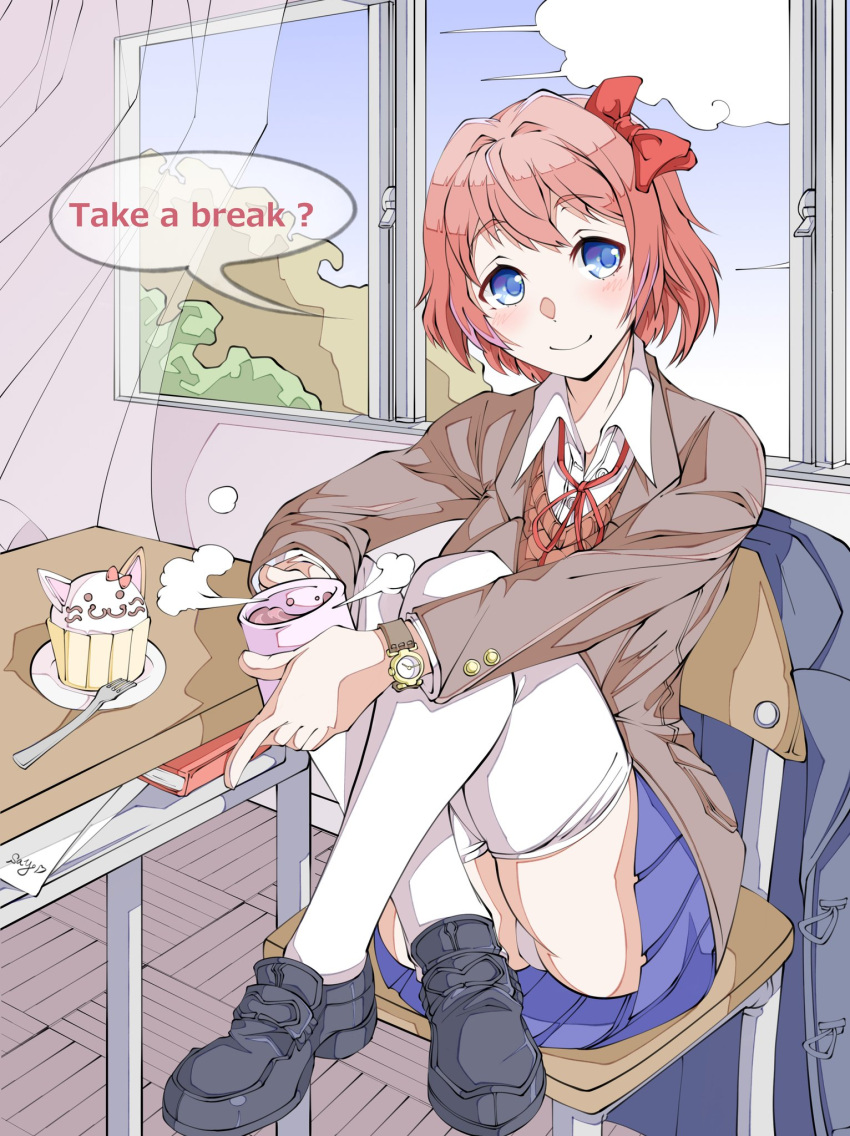 1girls 5_fingers blue_eyes blush book bow cat_cupcake chair cocoa cup cupcake desk dessert doki_doki_literature_club drink english_text female fork hairbow just_sayori koyorithetissue letter mug panties panty_peek pantyshot plate question red_bow red_hair_bow red_hairbow sayori_(doki_doki_literature_club) school_chair school_desk shoes strawberry_blonde_hair text text_bubble thigh_socks watch white_panties wholesome window wristwatch