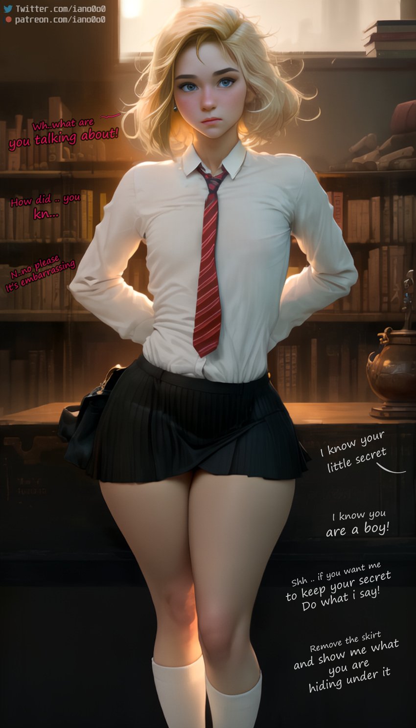 1boy 1femboy 2d ai_generated blonde_hair blue_eyes choker clothed clothed_male comic crossdressing curvy curvy_figure cute cute_face english_text femboy feminization gay ian_baskan iano0o0 light-skinned_male light_skin lips maid male_focus male_only necktie pretty_boy school_uniform sexy_armpits short_hair skirt small_bulge smaller_male soft_breasts soft_skin softcore submissive_male teenager thick_thighs trap uniform white_shirt wide_hips yaoi