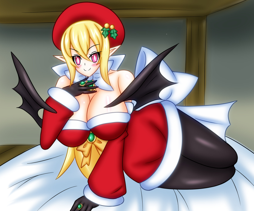 alternate_version_available blanket breasts cleavage disgaea disgaea_2 huge_breasts large_breasts looking_at_viewer nippon_ichi_software rozalin santa_costume santa_hat thick_thighs thighs yukari_ume