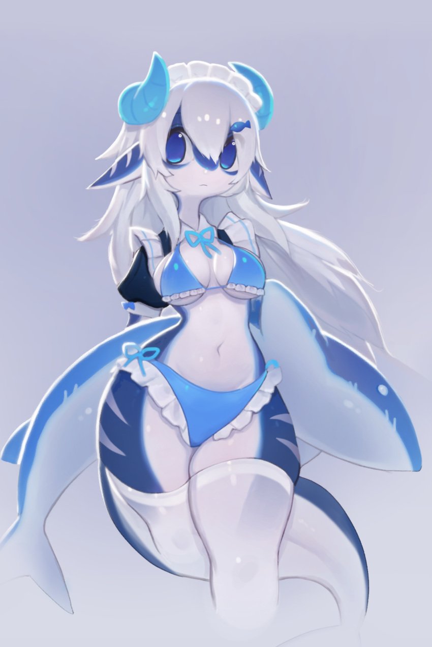 1girls 2022 anthro big_tail bikini blue_bikini blue_body blue_clothing blue_eyes blue_horn blue_scales blue_swimwear clothing curled_horn dragon dragon_horns female female_only fish frilly_bikini horn horns looking_at_viewer maid_headdress marine scales shark soda_(soda_uyu) soda_uyu solo stockings swimwear tail thick_thighs thighhighs very_high_resolution white_stockings