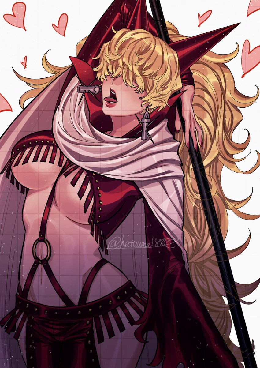 big_breasts blonde_hair cape dominatrix earrings female female_only fringe fringe_trim hair_over_eyes hatuumai88 hip_vent horns leather leather_clothing lipstick long_hair one_piece open_mouth red_lipstick revealing_clothes sadi-chan sadodere sadodere-chan solo tongue_out underboob very_long_hair