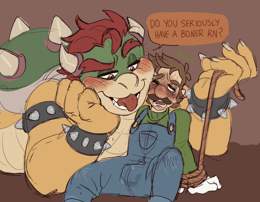 2boys armband blush blush_lines bowser bowuigi bracelet brown_hair bulge cinnamonscrm clothed clothing dialogue digital_media_(artwork) duo erection_under_clothes eyebrows facial_hair fully_clothed gay gloves green_head handwear hi_res horns human interspecies jewelry koopa larger_anthro larger_male luigi male male/male male_only mario_(series) mustache nervous nintendo no_visible_genitalia open_mouth open_smile overalls red_hair scalie shell shirt size_difference sketch smaller_human smaller_male smile speech_bubble spiked_armband spiked_bracelet spiked_shell spikes spikes_(anatomy) sweat talking_to_another tan_body tan_skin teeth tenting tongue tongue_out topwear wrists_tied yaoi yellow_body