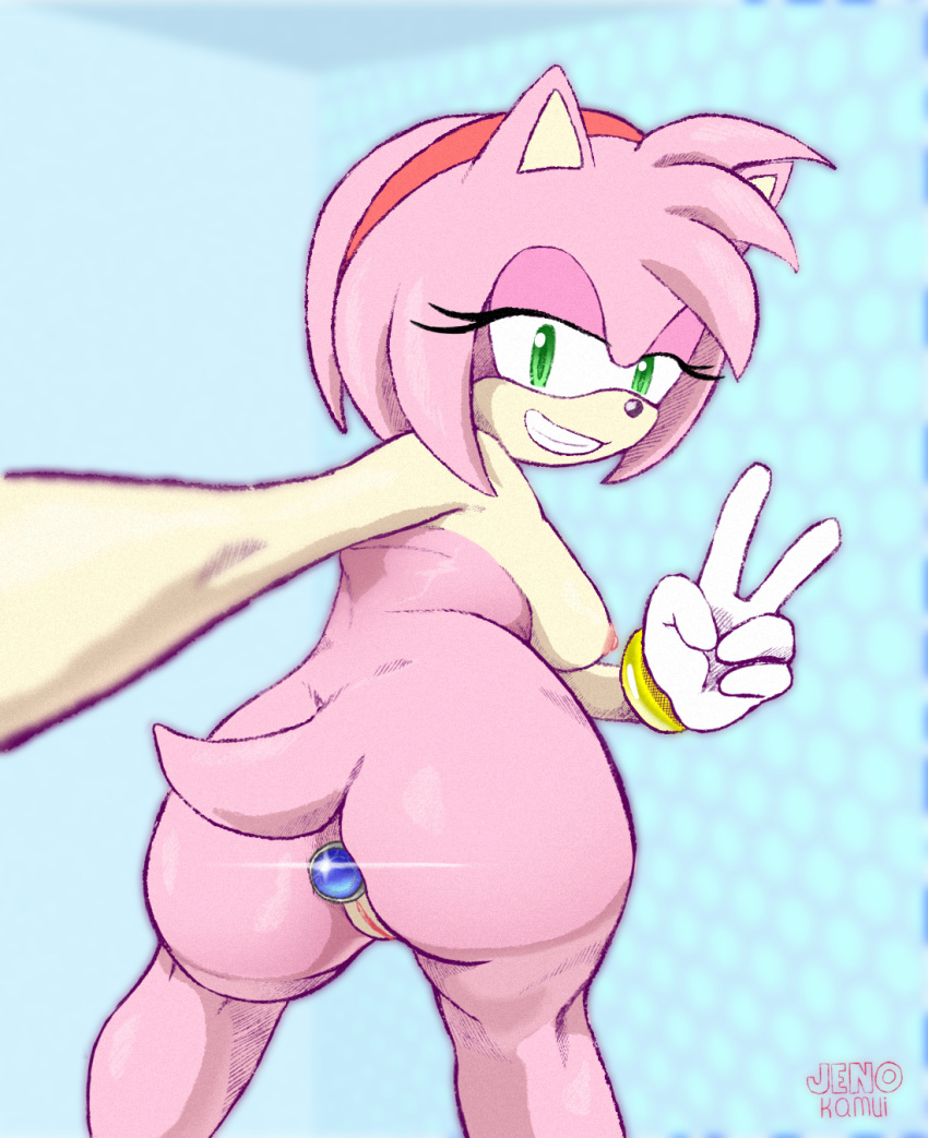 amy_rose anthro areola armpits ass bedroom_eyes breasts buttplug eulipotyphlan female genitals hedgehog hi_res jenokamui jetfrozen looking_at_viewer looking_back mammal narrowed_eyes nipples nude pink_body plug_(sex_toy) pussy seductive sega sex_toy simple_background smile solo sonic_(series) sonic_the_hedgehog_(series)