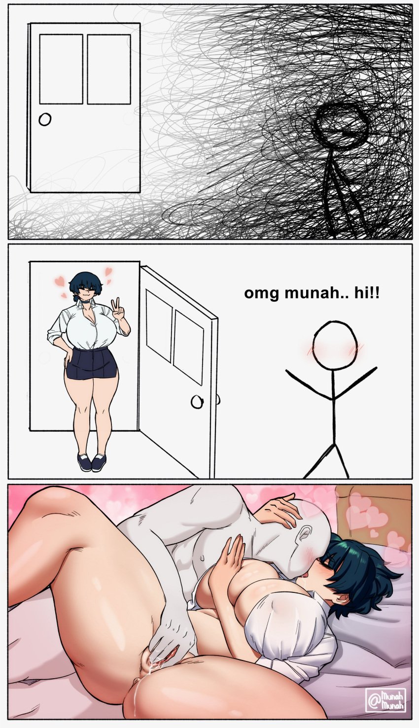 1boy 1girls absurd_res closed_eyes faceless_male female female_focus fingering hi_res kissing mai_(mai_munah) mai_munah meme omg_hi! original pussy pussy_juice skirt spread_legs thighs