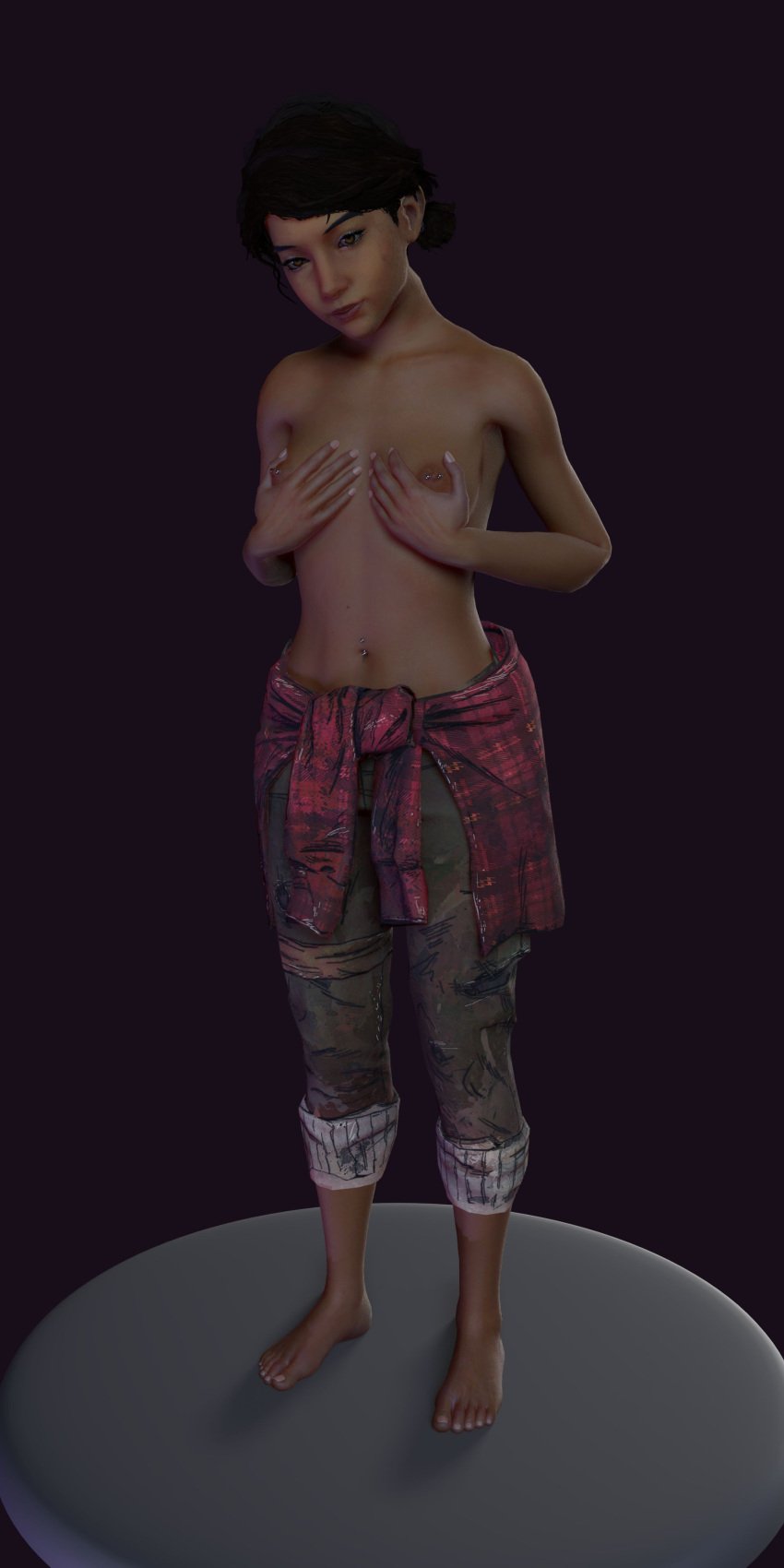 1girls 3d belly_piercing blender brown_eyes brown_hair clementine_(the_walking_dead) dark-skinned_female dark_skin feet female_only holding_breast model nipple_piercing partially_clothed petite rizendy short_hair small_breasts standing the_walking_dead the_walking_dead_game