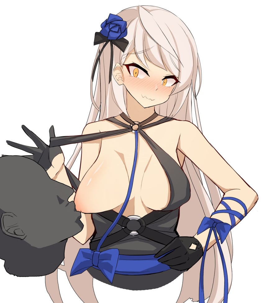 black_dress black_gloves blue_ribbon blue_rose blush counter:side gloves hilde hilde_(counter:side) long_hair looking_at_viewer no_legs pulled_by_self pulling_clothing simple_background sucking_nipples white_background white_hair yellow_eyes