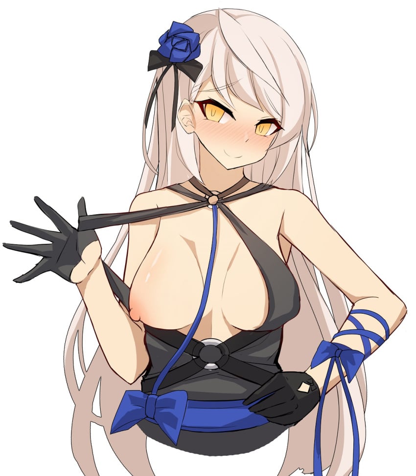 1girls black_dress black_gloves blue_ribbon blue_rose blush counter:side gloves hilde hilde_(counter:side) long_hair looking_at_viewer no_legs pulled_by_self pulling_clothing showing_nipple simple_background white_background white_hair yellow_eyes