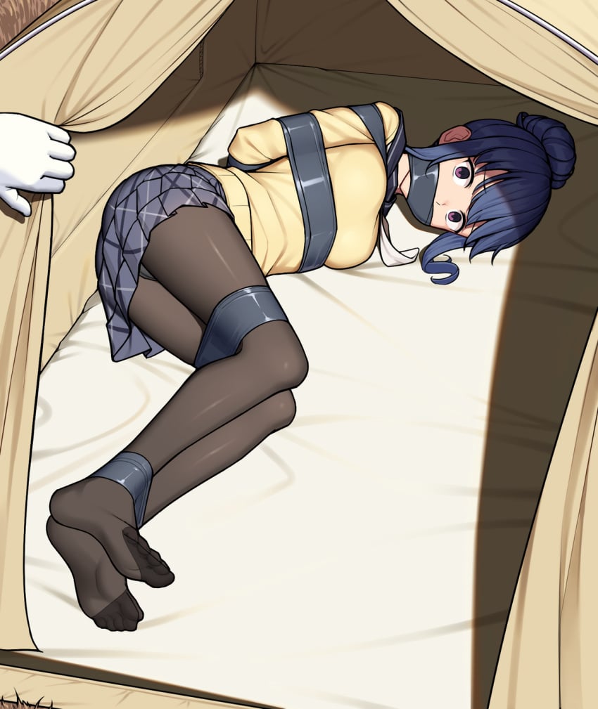 1girls arms_behind_back blue_hair bondage bound bound_ankles bound_arms female_focus female_only femsub gag gagged gbeeee looking_at_viewer miniskirt pantyhose scared shima_rin skirt solo tape_gag taped_mouth yurucamp