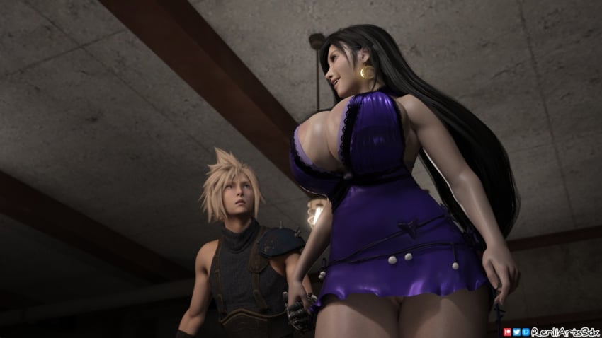 3d ass big_ass big_breasts cleavage cloud_strife dark_hair final_fantasy final_fantasy_vii renilarts3dx smooth_skin tifa_lockhart upskirt