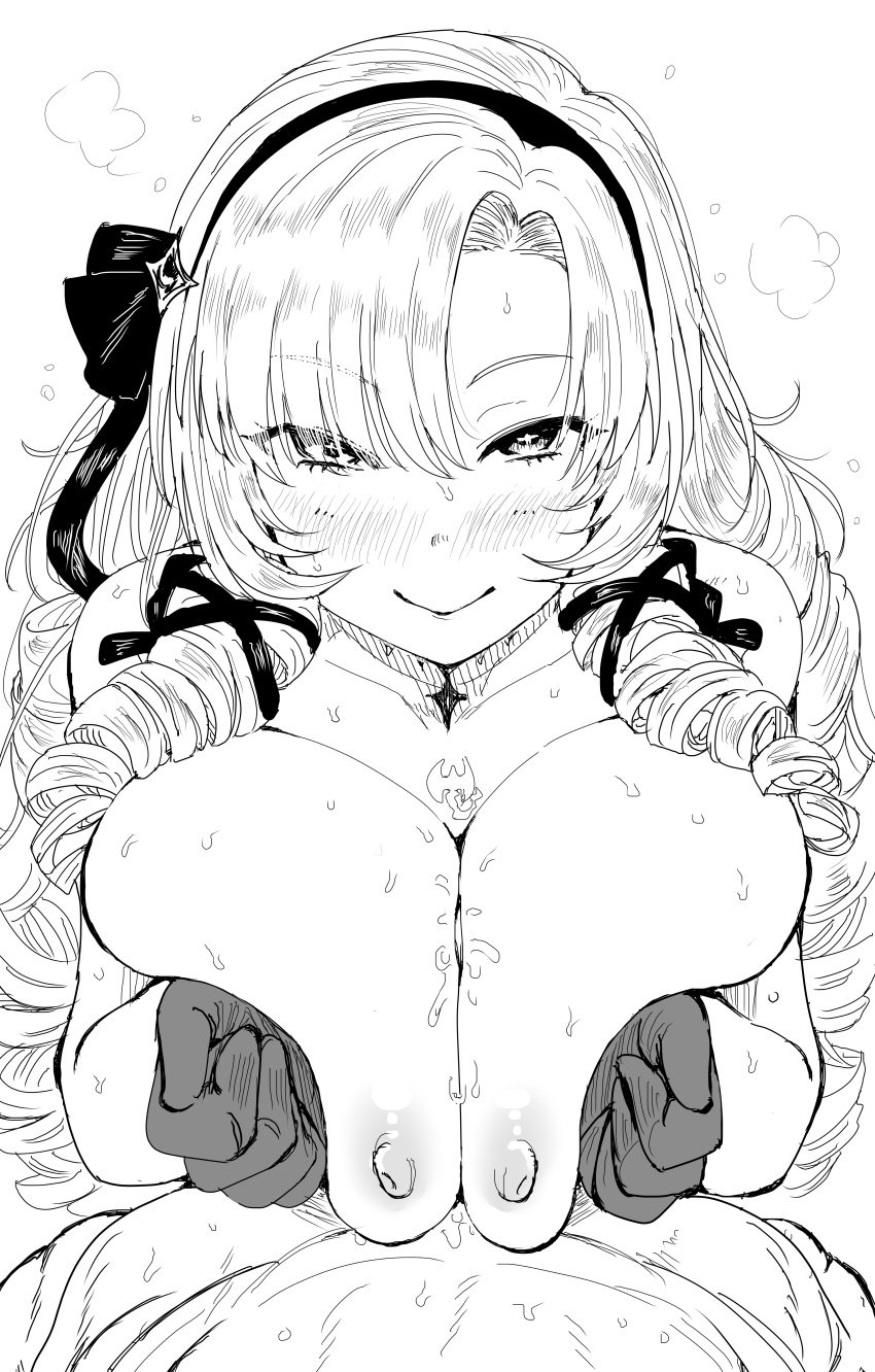 1boy absurdres alternate_breast_size alternate_version_available asian asian_female big_breasts black_gloves blush breasts breasts_squeezed_together closed_mouth drill_hair engulfing_paizuri eyes_visible_through_hair female gloves greyscale hair_ribbon happy happy_paizuri happy_sex highres huge_breasts hyakumantenbara_salome kaiman_garupan large_breasts long_hair looking_at_viewer monochrome nijisanji nude nude_female paizuri paizuri_lead_by_female paizuri_on_lap pov pov_eye_contact pov_paizuri ribbon ringlets smile solo_focus straight sweat upper_body virtual_youtuber white_background