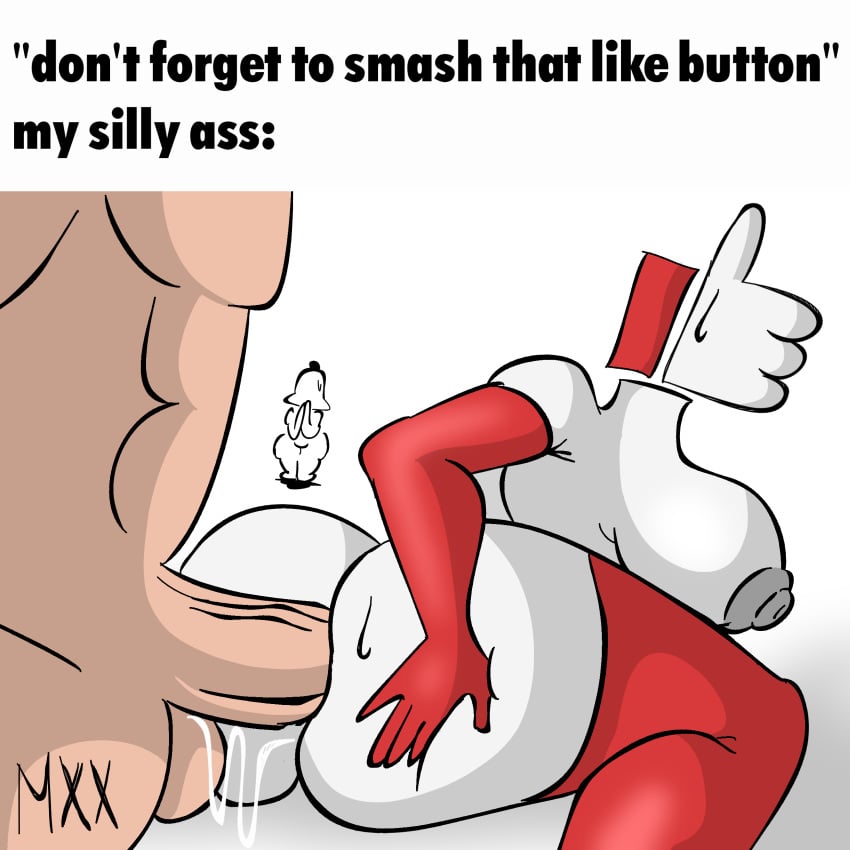 1boy 1girls anal big_ass big_breasts big_penis caption cowgirl_position gloves hand_on_ass inanimate_object looking_back meme muscular_male mxx object_head penis shitpost simple_background sweat thick_thighs white_body white_skin youtube