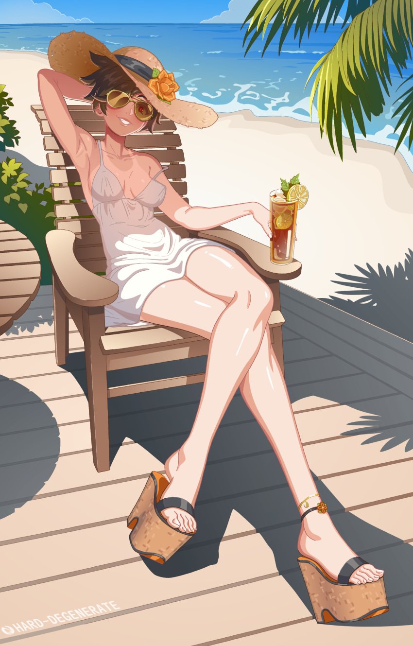 1girls arm_up armpits aviator_sunglasses beach beach_chair beach_hat blizzard_entertainment breasts brown-tinted_eyewear brown_hair crossed_legs dress drink feet female female_only full_body hard-degenerate hat high_heels lena_oxton light-skinned_female light_skin looking_at_viewer medium_breasts nipple_bulge outdoors outside overwatch overwatch_2 pale_skin platform_footwear platform_heels platform_sandals platform_shoes png short_hair smirk solo solo_female sundress sunglasses tanline teasing tinted_eyewear tracer under_shade water wedge_heels