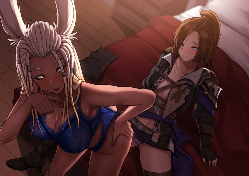 biddy_faircloud bra brown_hair bunny_ears clothing dark_skin final_fantasy final_fantasy_xiv hyur light_skin lingerie mikk0_18 panties silver_hair stripper striptease sypha_flowen upskirt viera