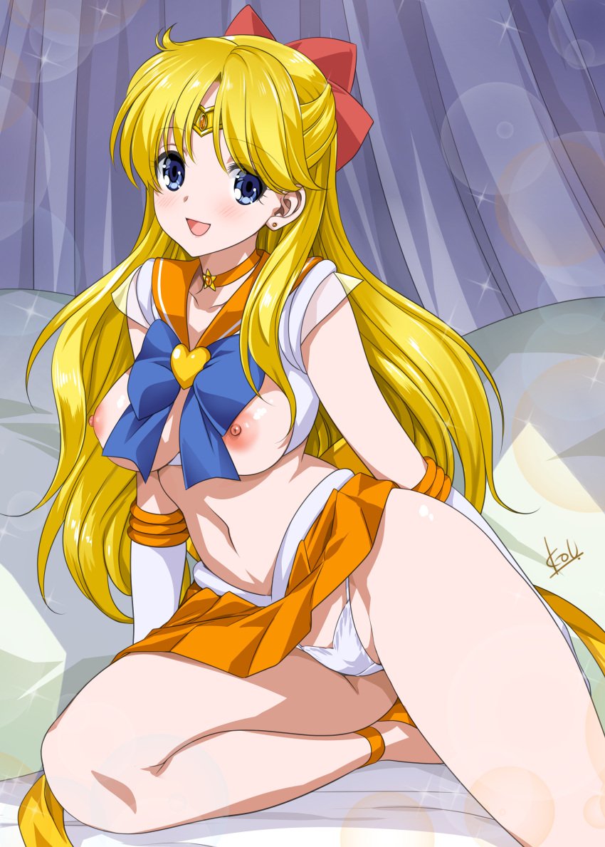 1girls bishoujo_senshi_sailor_moon blonde_hair blue_eyes blush bow clothing diadem hair_ribbon jewelry long_hair magical_girl medium_breasts minako_aino mitarashi_kousei open_mouth panties ribbon sailor_uniform sailor_venus sitting skirt solo solo_female