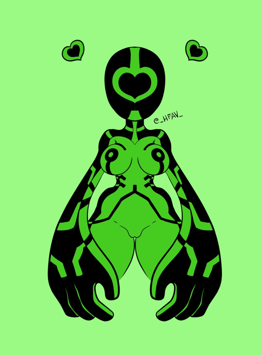 1_eye 2022 4_fingers alien alien_humanoid ben_10 ben_10_omniverse big_hands black_body breasts cartoon_network chaquetrix female fingers galvanic_mechamorph genitals green_background green_body green_theme h-fav heart hi_res humanoid pussy simple_background small_waist solo