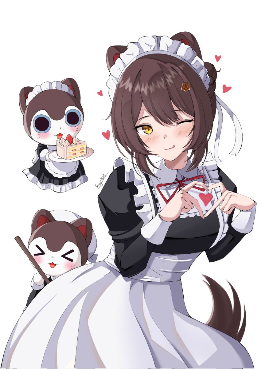 animal_ears apron brown_hair cute dog_ears dog_girl dog_hair_ornament dog_tail hair_ornament highres inui_toko iris_angel12xii japanese_clothes long_sleeves looking_at_viewer maid maid_headdress nijisanji skirt smile tail virtual_youtuber wa_maid white_apron yellow_eyes