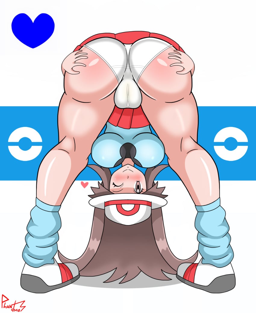 ass ass_focus ass_grab breasts brown_hair cameltoe clothed clothing heart leaf_(pokemon) panties phantamos pokeharlot pokemon pokemon_frlg skirt smile spread_ass spread_butt stain stained_panties upside-down wink