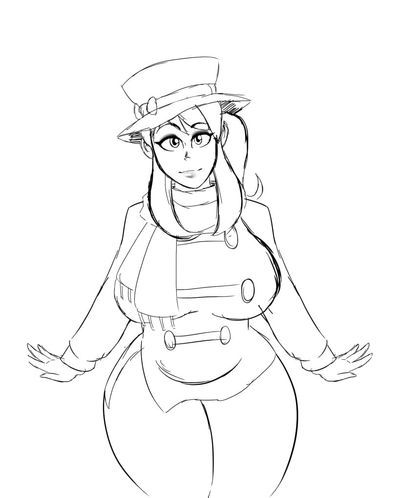 a_hat_in_time black_and_white breast_expansion cape hat hat_adult hat_kid huge_breasts jacket looking_at_viewer monochrome pants smile smiling thick thick_ass thick_body thick_breasts thick_butt thick_hips thick_legs tight_clothes tight_clothing tight_pants voluptuous voluptuous_female xiceowl