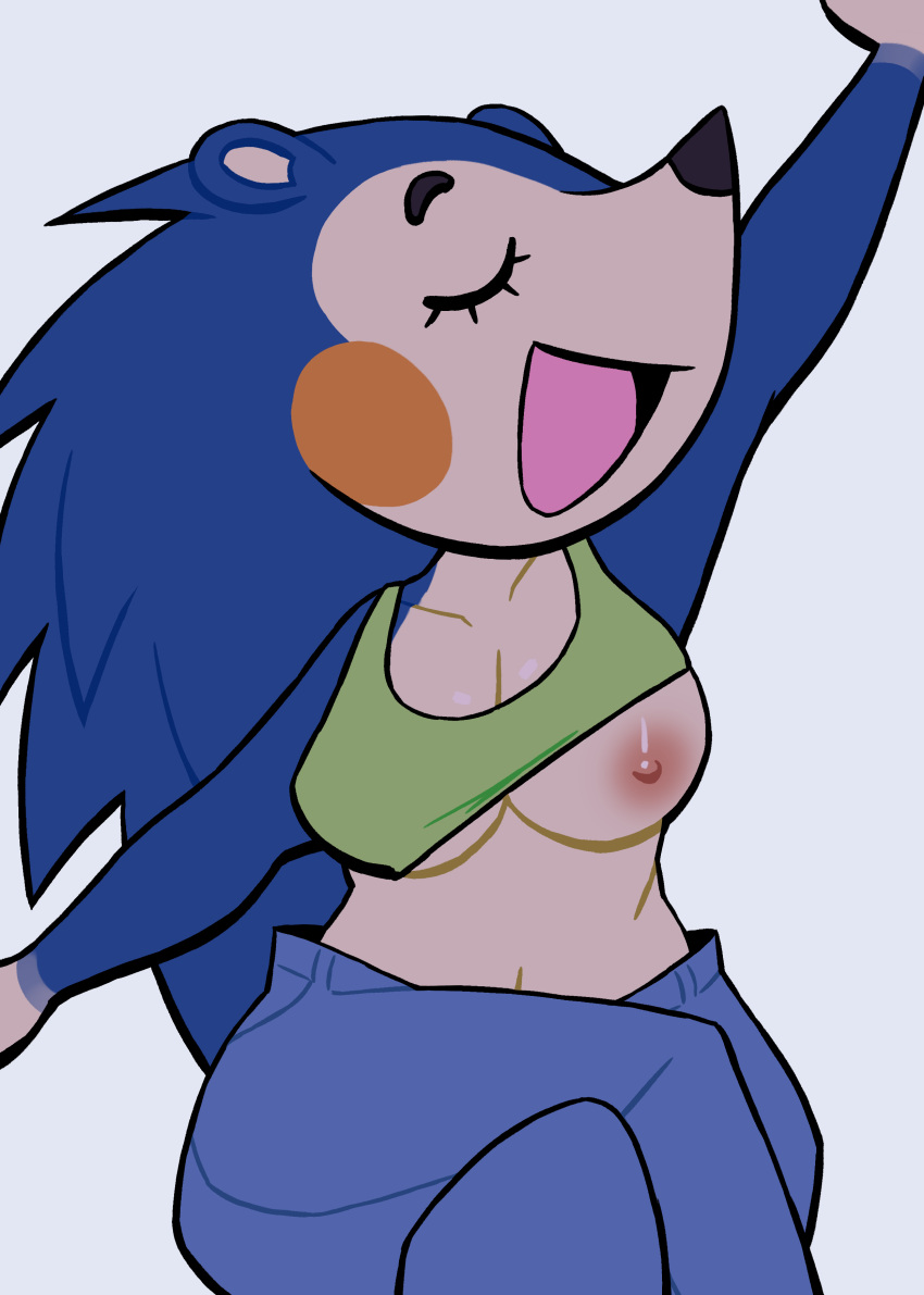 2022 animal_crossing blue_hair breasts cleavage closed_eyes female female_focus female_only hedgehog jeans lovetopullmicke mabel_able nintendo nipples pants tank_top tank_top_lift wardrobe_malfunction