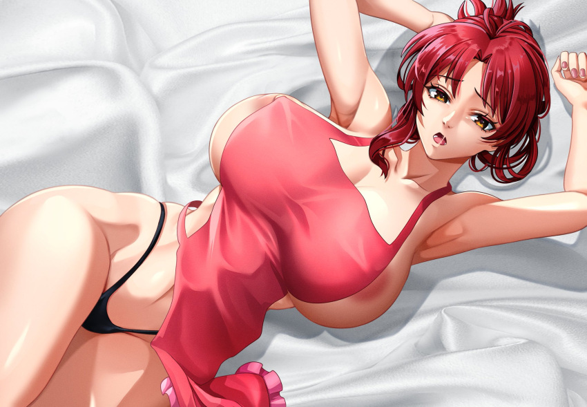 1girls apron big_breasts breasts busty curvy female female_only honkai_(series) honkai_impact_3rd huge_breasts kerana_art lustful_gaze murata_himeko naked_apron nipple_slip nipples on_back red_hair seductive seductive_pose solo thick_thighs thong voluptuous