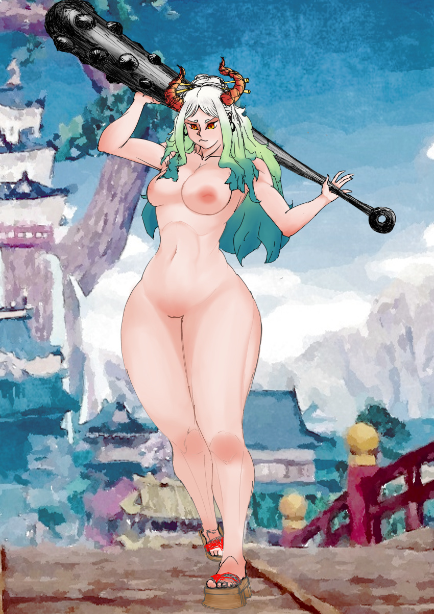 breasts brown_eyes duffmox female female_only green_hair horns light-skinned_female light_skin long_hair nipples one_piece oni oni_horns thick_thighs two_tone_hair white_hair yamato_(one_piece)