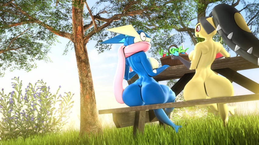 16:9 2girls 3d_(artwork) ass barely_visible_genitalia barely_visible_pussy big_butt breasts digital_media_(artwork) duo female generation_3_pokemon generation_6_pokemon genitals grass greninja hi_res mawile multiple_girls nintendo outside pervertguy341 picnic pokemon pokemon_(species) pussy source_filmmaker tree widescreen