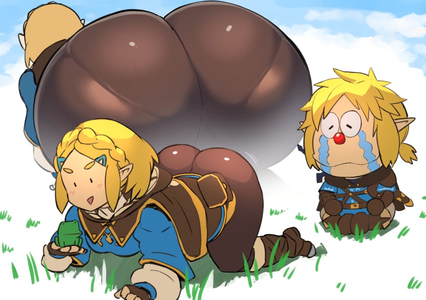 1boy 1girls ass bending_over blonde_hair dat_ass female green_eyes huge_ass link male mob_face nintendo nuezou pantylines pointy_ears princess_zelda short_hair tears_of_the_kingdom the_legend_of_zelda tight_clothing worthikids zelda_(tears_of_the_kingdom)