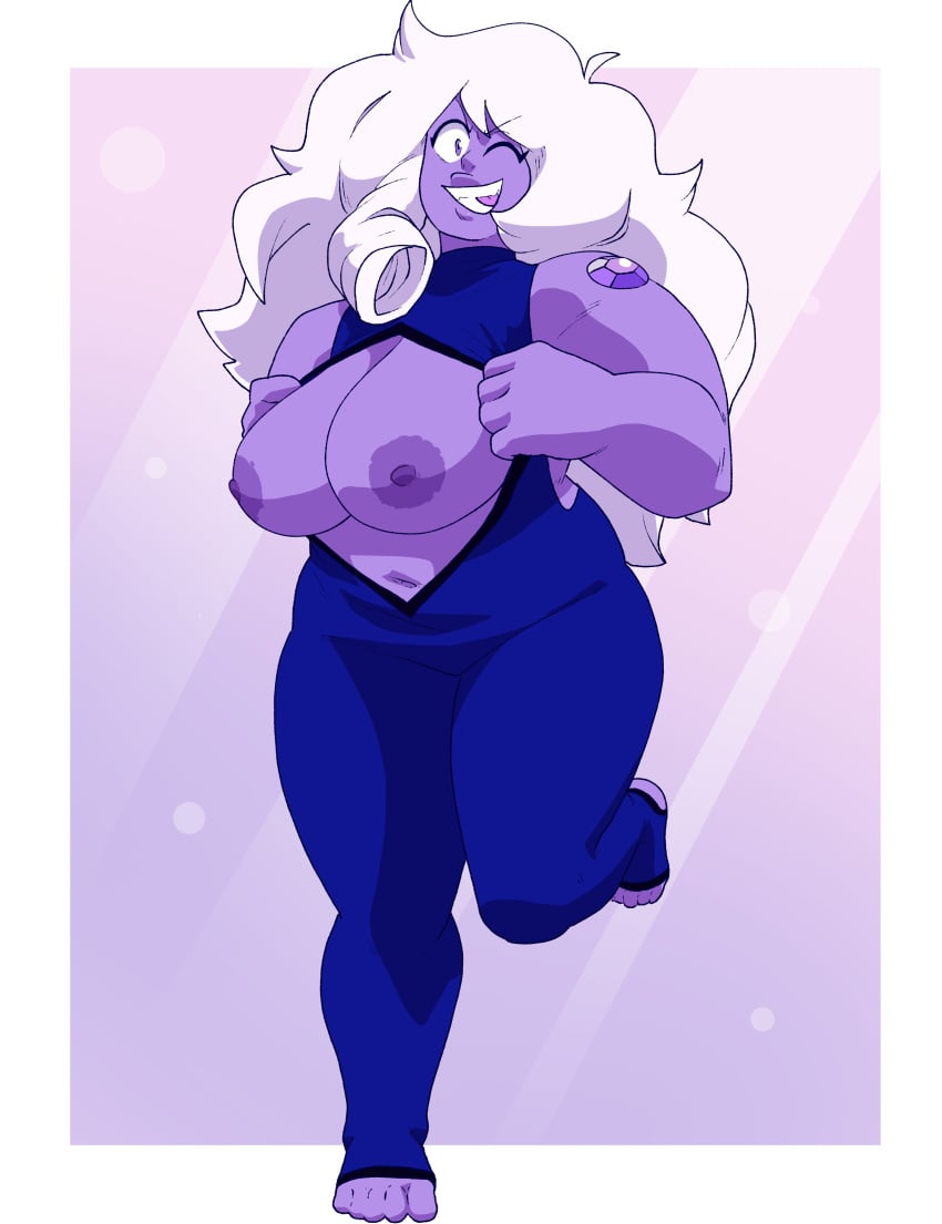 amethyst_(gem) amethyst_(steven_universe) big_breasts breasts_out cartoon_network coolerinker famethyst_(steven_universe) gem_(species) hi_res inker_comics inkershike large_breasts leotard leotard_pull long_hair looking_at_viewer muscular_female navel nipples one_leg_up original_character purple_eyes purple_nipples purple_skin pygmy_(thatbishi) simple_background smile smiling_at_viewer steven_universe thick_thighs white_hair wink winking_at_viewer