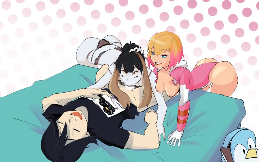 1boy 2girls black_hair black_lingerie blonde_hair blowjob breasts_out cecil_(marvel) clothed_sex cum cum_in_mouth deepthroat eduardo_squidwardo eyes_rolling_back forced_oral grey_skin gwen_poole gwenpool gwenpool_(series) laying_down laying_on_bed looking_at_another looking_pleasured marvel marvel_comics on_bed pink_hair terrible_eye_(marvel) thesquiddycipher