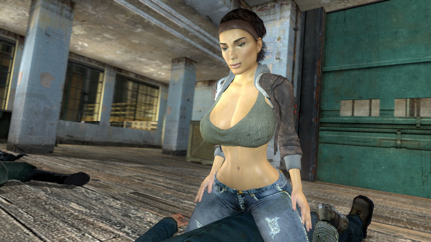 1boy 1girls alyx_vance apertureman big_ass big_breasts black_hair clothing cowgirl_position curvy gordon_freeman green_eyes half-life half-life_2 large_breasts on_top short_hair small_waist smirk tomboy valve valve_(company) video_games wide_hips