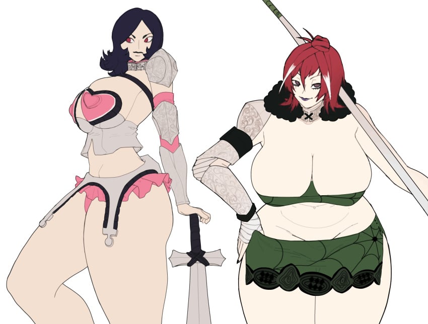 2girls atlus big_breasts bikini_armor black_hair cleavage cosplay female female_only huge_breasts leaning_forward lipstick maya_amano megami_tensei persona persona_2 pose posing red_hair serizawa_ulala skimpy skimpy_clothes thick_thighs venus_body