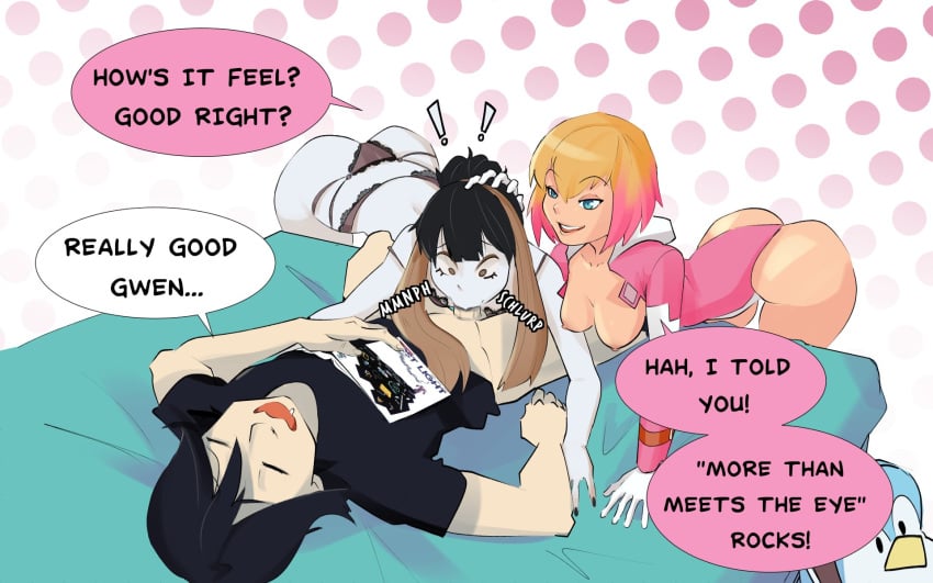 1boy 2girls black_hair black_lingerie blonde_hair blowjob breasts_out cecil_(marvel) clothed_sex dialogue eduardo_squidwardo forced_oral grey_skin gwen_poole gwenpool gwenpool_(series) laying_down laying_on_bed looking_at_another looking_pleasured marvel marvel_comics on_bed pink_hair straight terrible_eye_(marvel) thesquiddycipher