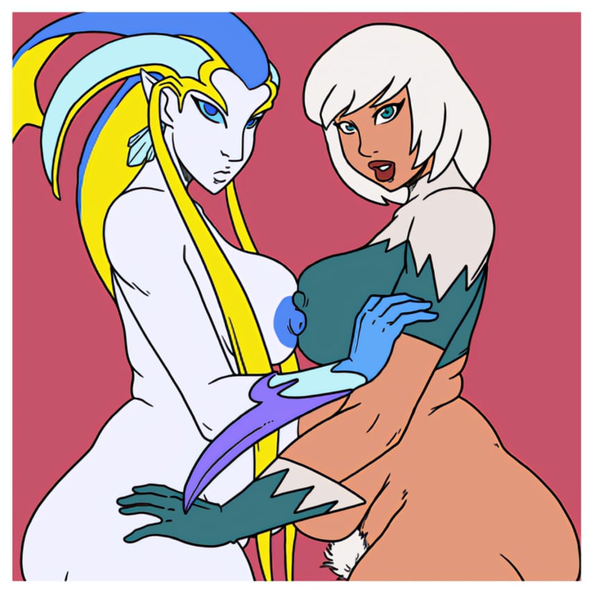 2girls ass belly_to_belly big_ass big_breasts blue_areola blue_eyes bottomless breasts breasts_to_breasts crossover dc dc_comics doomington eastern_and_western_character female female_only final_fantasy final_fantasy_viii green_eyes hand_on_arm hand_on_hip ice_(dc) interspecies looking_at_viewer multiple_girls pale_skin pubic_hair shiva_(final_fantasy) slightly_chubby tora_olafsdotter white_hair yuri