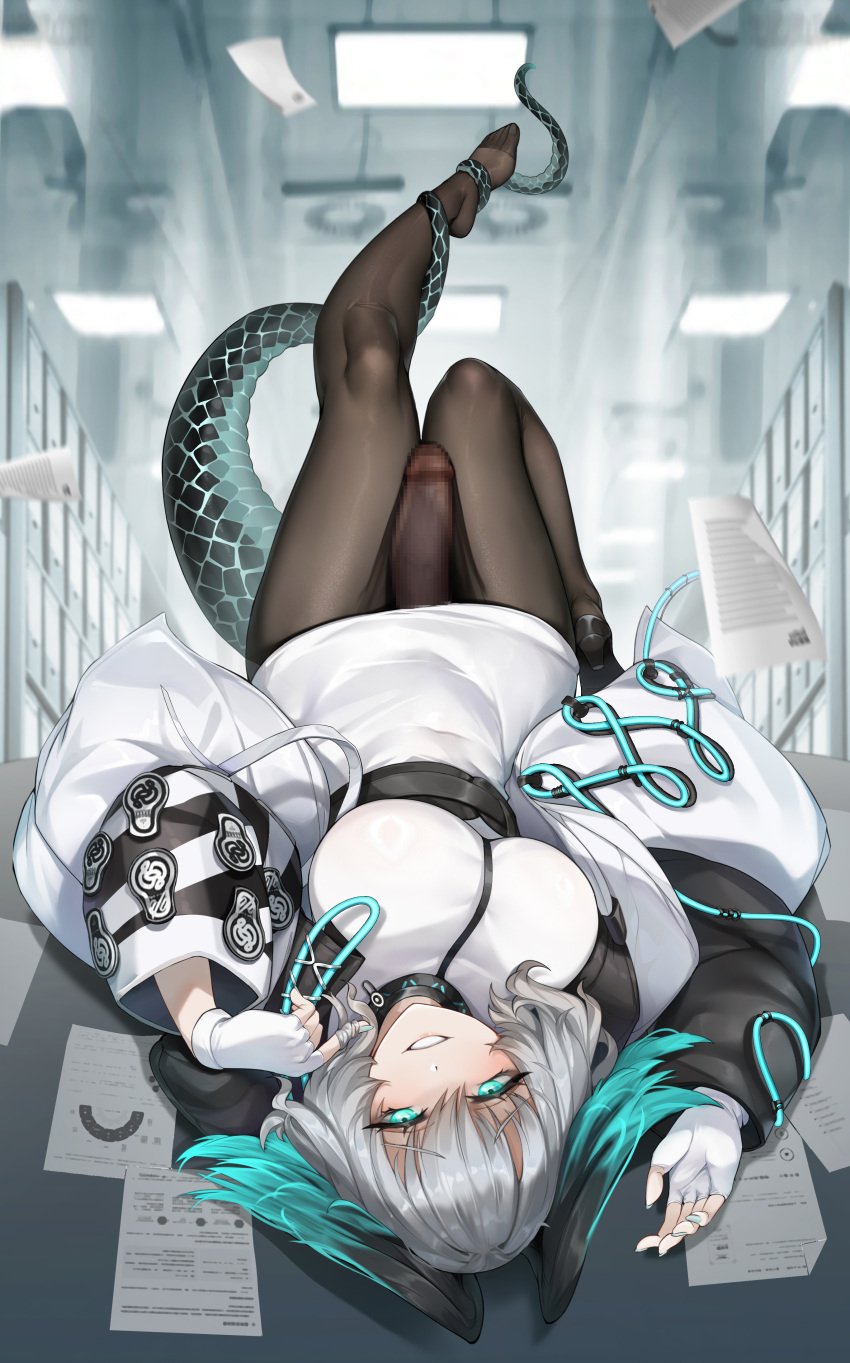 1futa absurdres aqua_eyes arknights belt big_penis black_belt black_pantyhose breasts censored clothed clothing commentary_request dress erection erection_under_clothes feet fingerless_gloves fully_clothed futa_only futanari gins gloves grey_hair grin hands_up head_wings highres ho'olheyak_(arknights) horny human indoors jacket large_breasts leg_up legs light-skinned_futanari light_skin long_sleeves looking_at_viewer lying mosaic_censoring no_shoes on_back open_clothes open_jacket pantyhose penis short_hair smile snake_tail solo tail tail_around_own_leg thighs upside-down white_dress white_gloves white_jacket wings