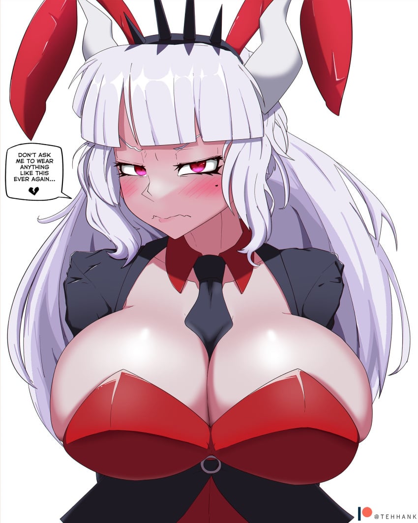 1girls big_breasts blush bunny_ears bunnysuit clothing female helltaker horns light-skinned_female light_skin lucifer_(helltaker) mole mole_under_eye red_eyes tehhank white_hair