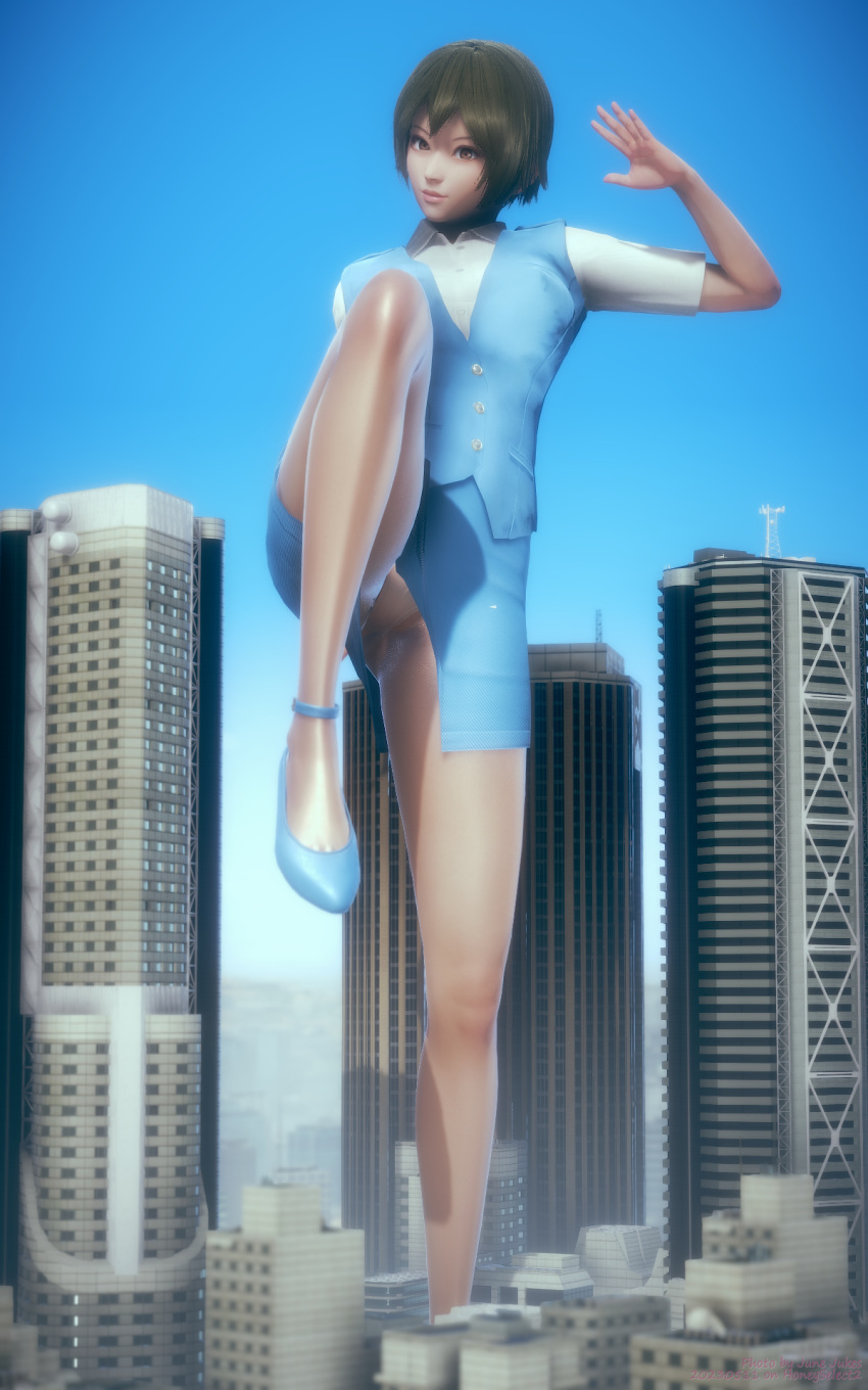 1girls asian asian_female bare_thighs blue_dress brown_eyes brown_hair brown_hair_female building buildings city female flats giantess junejukes lifting_leg light-skinned_female office_dress office_lady original solo solo_female thighs