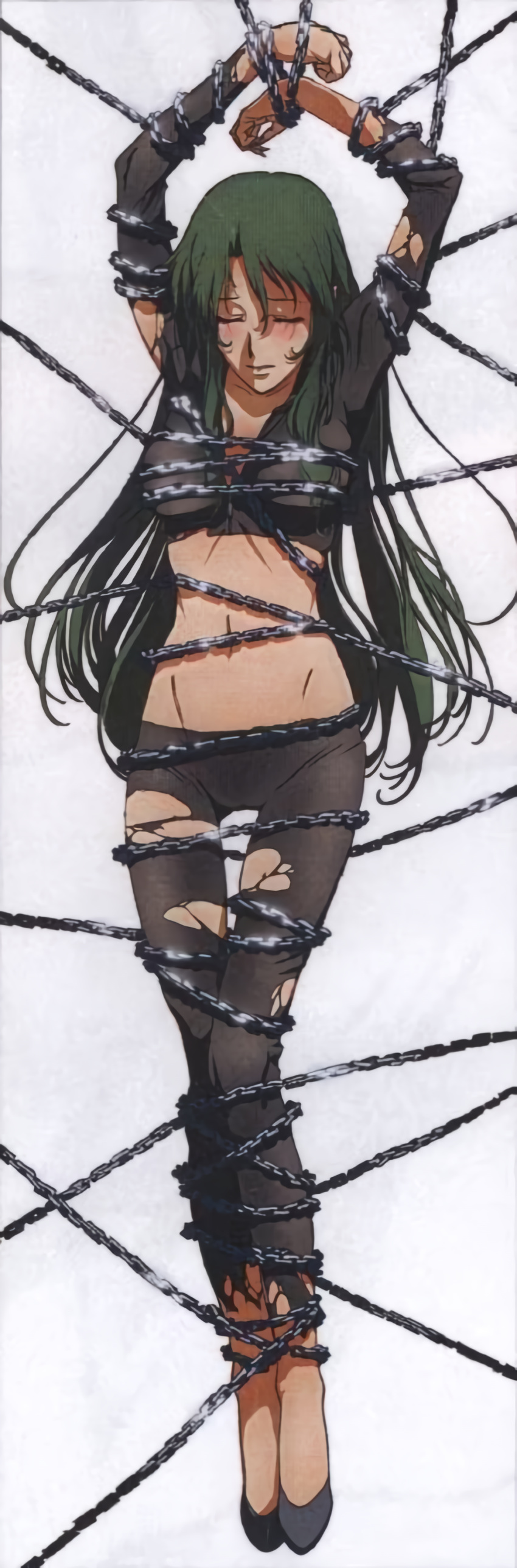 1girls arms_up asougi_rin big_breasts blush breasts busty chained chains cleavage closed_eyes dakimakura_(medium) feet female female_only green_hair highres large_breasts legs long_hair mature_female mature_woman midriff mnemosyne navel official_alternate_costume official_art pants solo sportswear thighs torn_clothes unzipped voluptuous